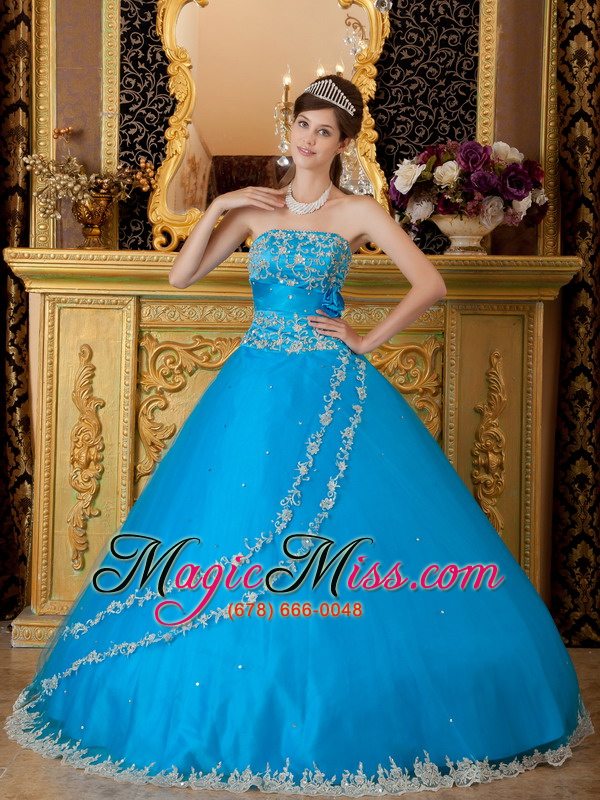 wholesale teal ball gown strapless floor-length tulle lace appliques quinceanera dress