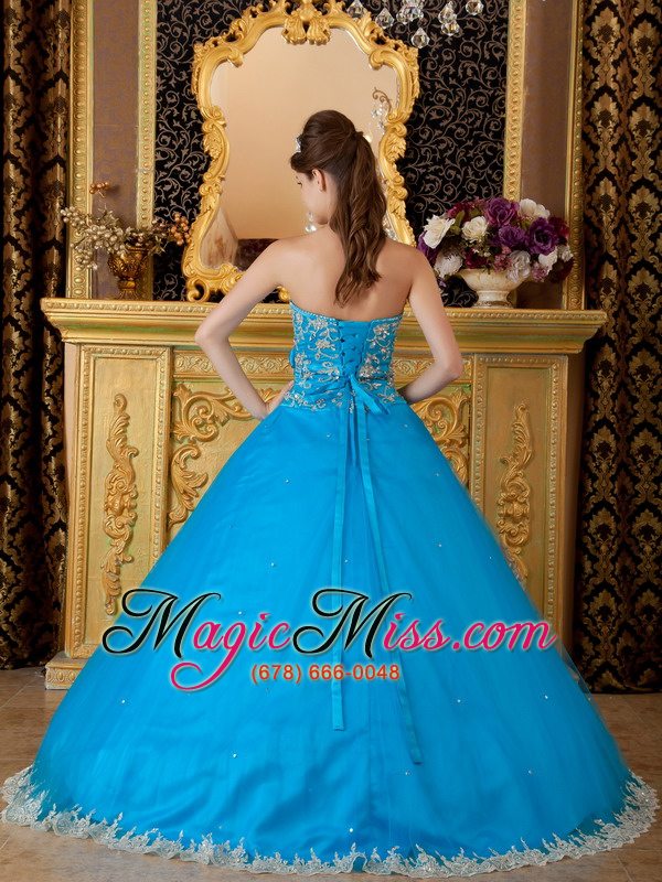 wholesale teal ball gown strapless floor-length tulle lace appliques quinceanera dress