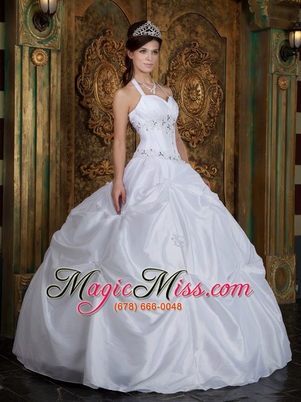 wholesale white ball gown halter floor-length taffeta beading quinceanera dress