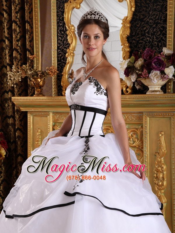 wholesale white ball gown strapless floor-length satin and organza appliques quinceanera dress