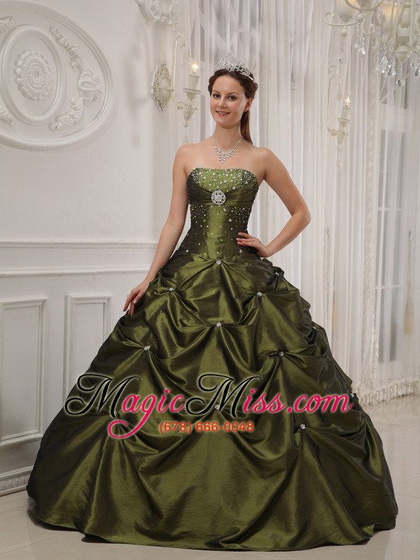 wholesale olive green ball gown strapless floor-length taffeta and satin beading quinceanera dress