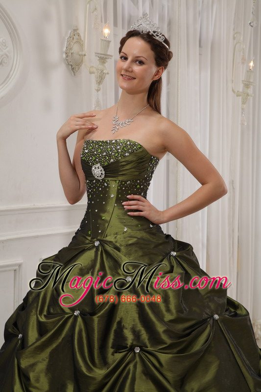 wholesale olive green ball gown strapless floor-length taffeta and satin beading quinceanera dress