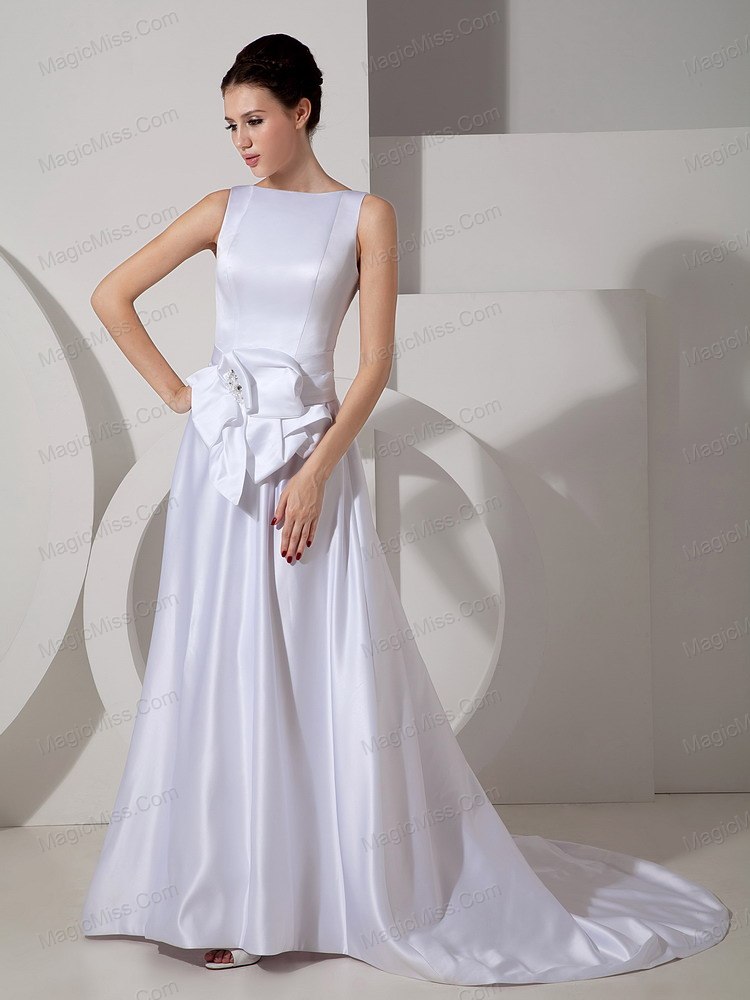 wholesale modest a-line bateau brush train satin sash wedding dress