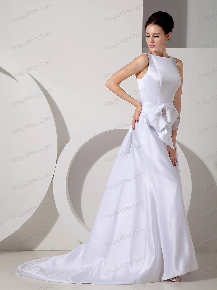 wholesale modest a-line bateau brush train satin sash wedding dress