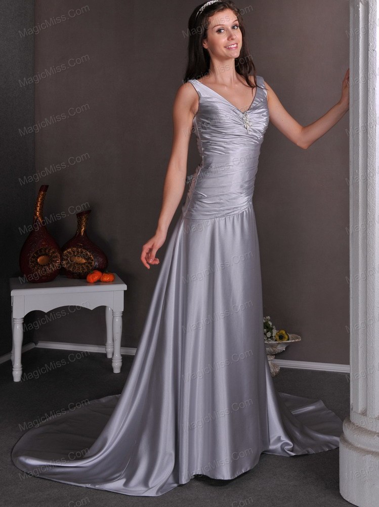 wholesale sliver a-line v-neck chapel train elastic wove satin beading prom dress