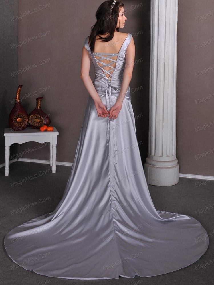 wholesale sliver a-line v-neck chapel train elastic wove satin beading prom dress