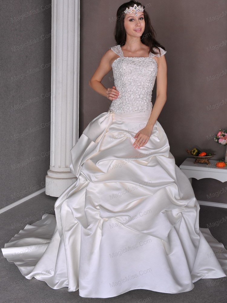 wholesale romantic a-line straps chapel train taffeta appliqes and pick-ups wedding dress