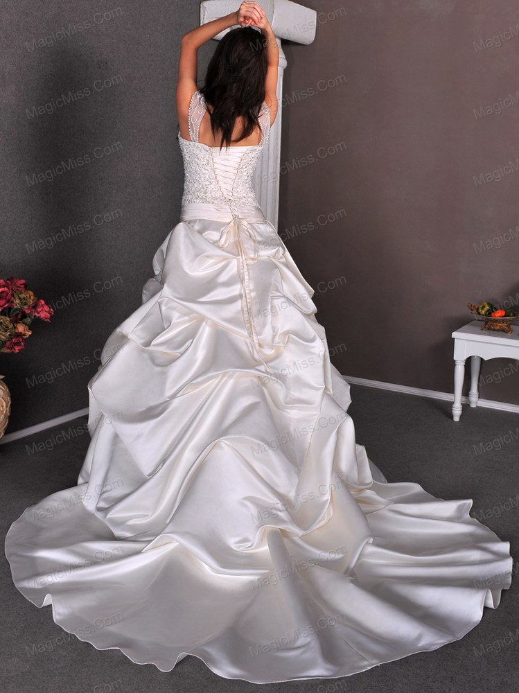 wholesale romantic a-line straps chapel train taffeta appliqes and pick-ups wedding dress