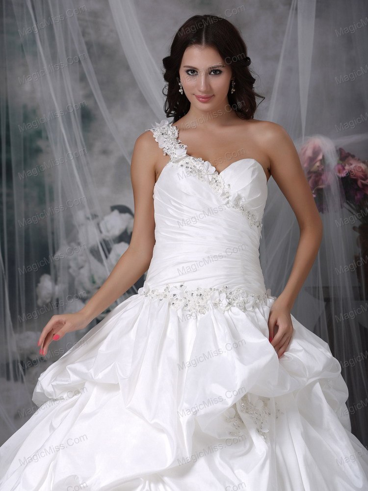 wholesale beautiful a-line one shoulder court train taffeta appliques wedding dress