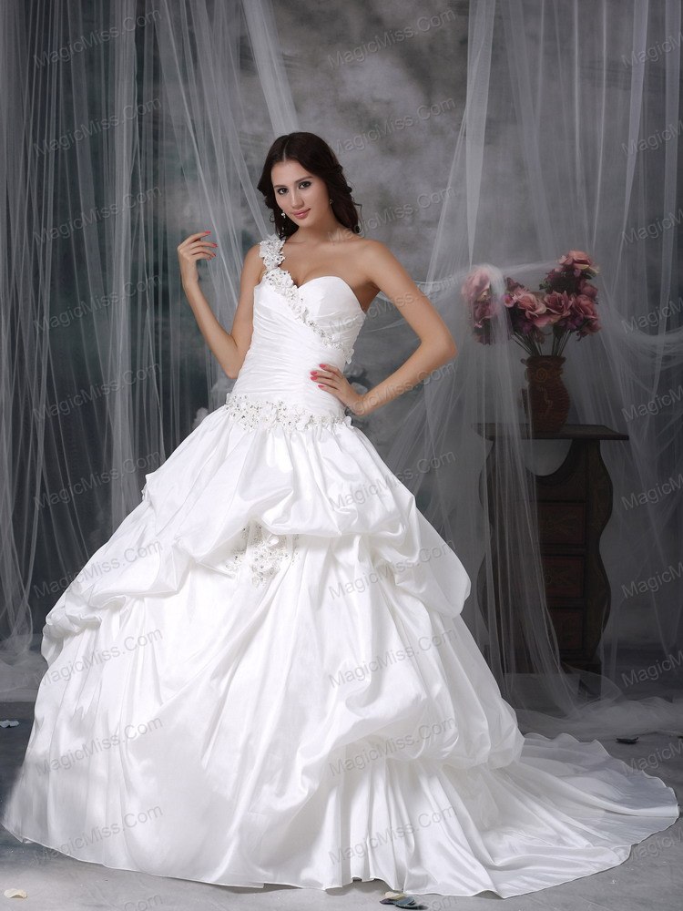 wholesale beautiful a-line one shoulder court train taffeta appliques wedding dress