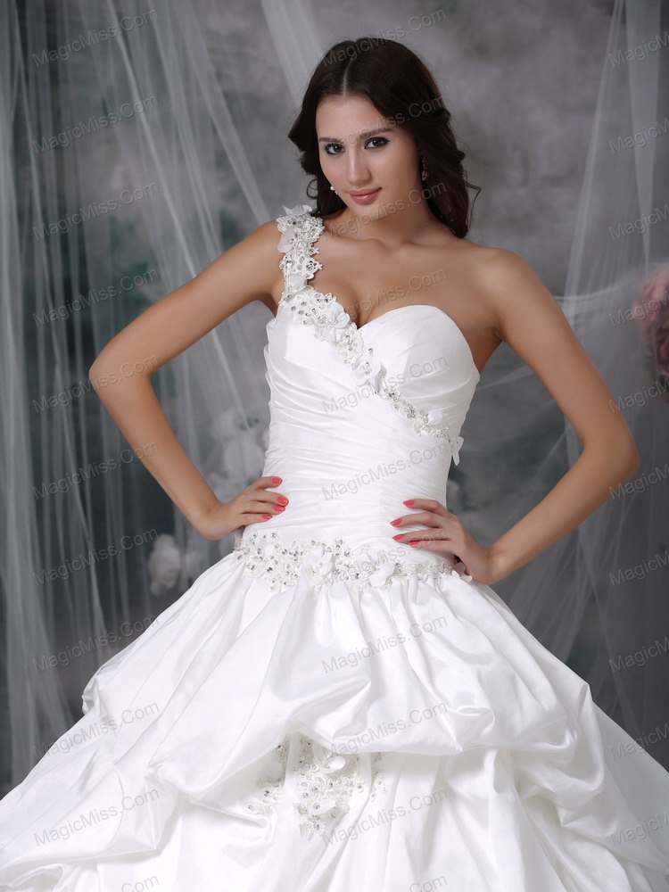 wholesale beautiful a-line one shoulder court train taffeta appliques wedding dress