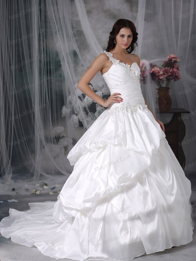 wholesale beautiful a-line one shoulder court train taffeta appliques wedding dress