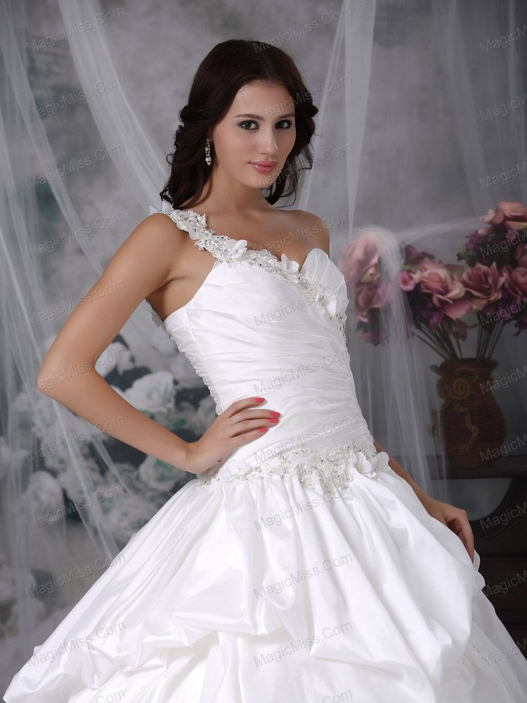 wholesale beautiful a-line one shoulder court train taffeta appliques wedding dress