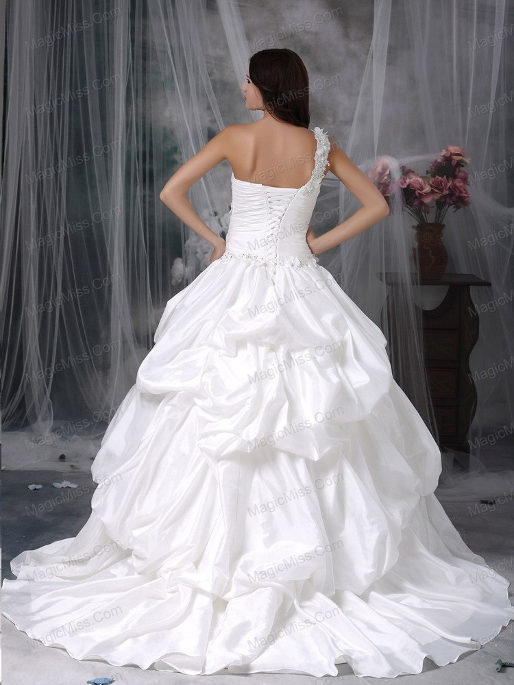 wholesale beautiful a-line one shoulder court train taffeta appliques wedding dress