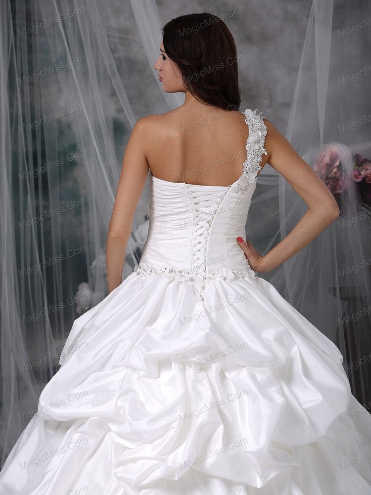 wholesale beautiful a-line one shoulder court train taffeta appliques wedding dress