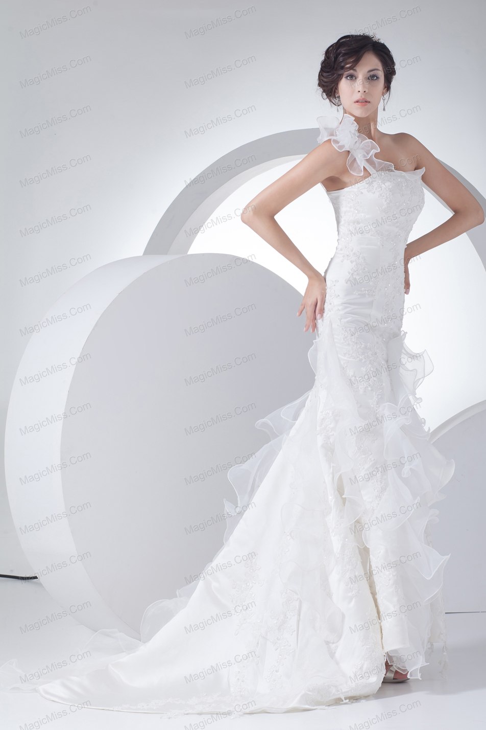 wholesale one shoulder ruffles mermaid appliques wedding dress