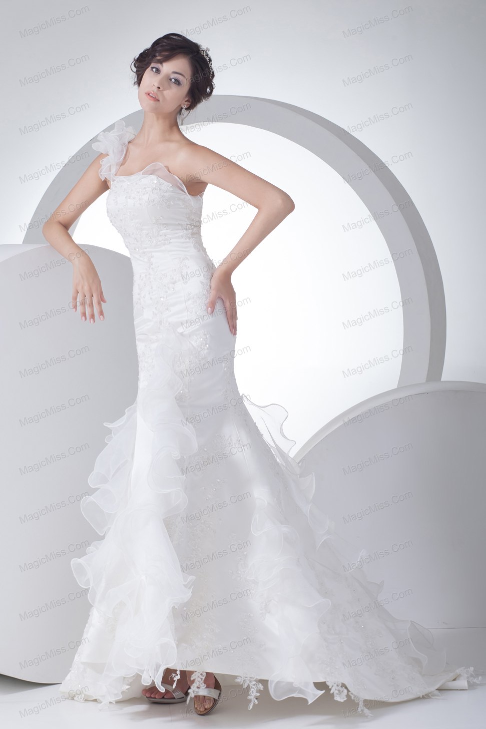 wholesale one shoulder ruffles mermaid appliques wedding dress