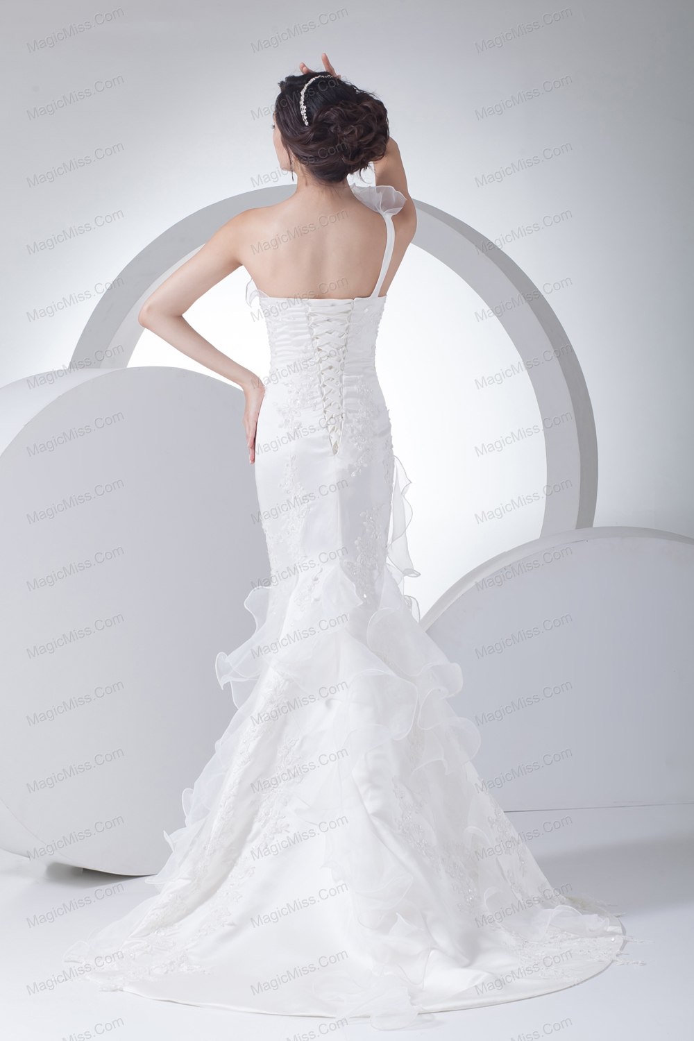 wholesale one shoulder ruffles mermaid appliques wedding dress