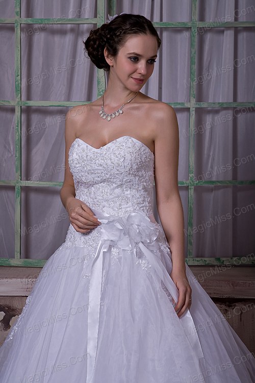 wholesale modest a-line sweetheart chapel train taffeta and organza appliques and hand made flower wedding dress