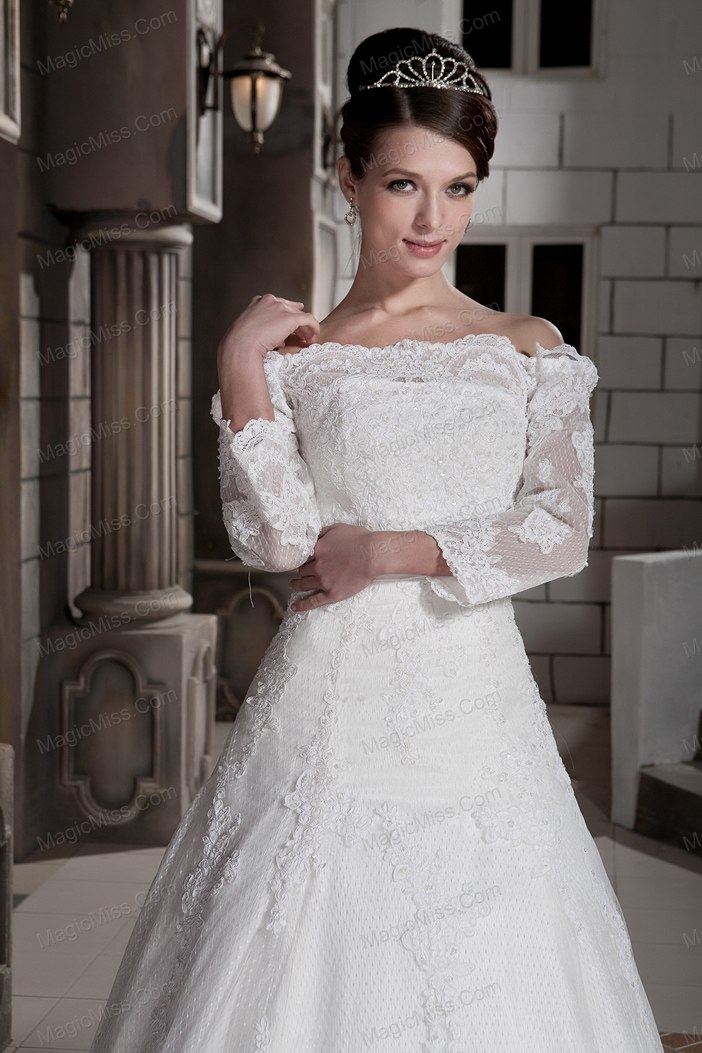 wholesale lovely a-line / princess off the shoulder brush train tulle appliques wedding dress