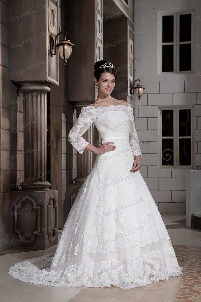 wholesale lovely a-line / princess off the shoulder brush train tulle appliques wedding dress