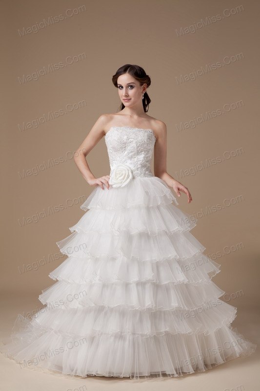 wholesale beautiful a-line strapless brush train taffeta and organza hand made flower and appliques wedding dress