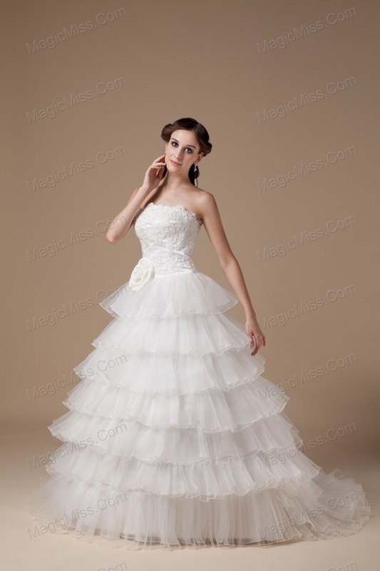 wholesale beautiful a-line strapless brush train taffeta and organza hand made flower and appliques wedding dress