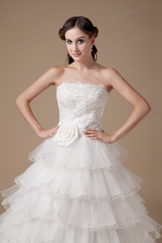 wholesale beautiful a-line strapless brush train taffeta and organza hand made flower and appliques wedding dress