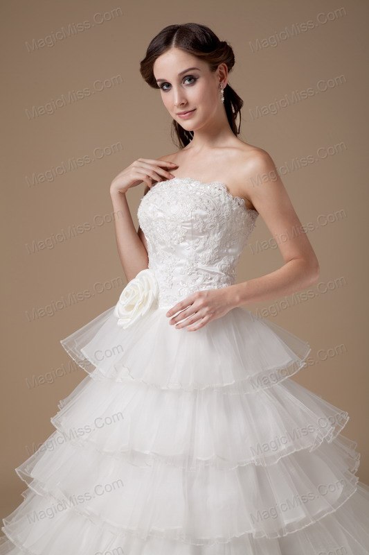 wholesale beautiful a-line strapless brush train taffeta and organza hand made flower and appliques wedding dress