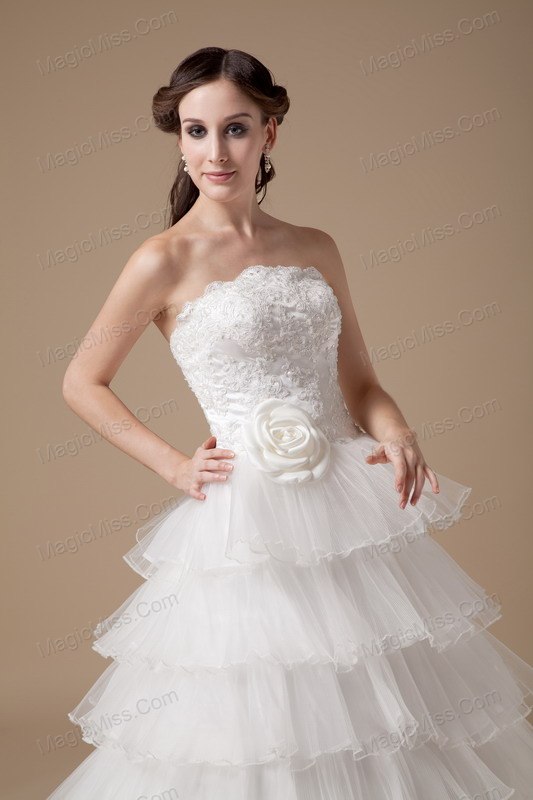 wholesale beautiful a-line strapless brush train taffeta and organza hand made flower and appliques wedding dress