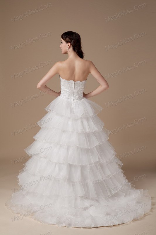 wholesale beautiful a-line strapless brush train taffeta and organza hand made flower and appliques wedding dress