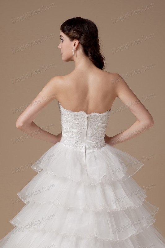 wholesale beautiful a-line strapless brush train taffeta and organza hand made flower and appliques wedding dress