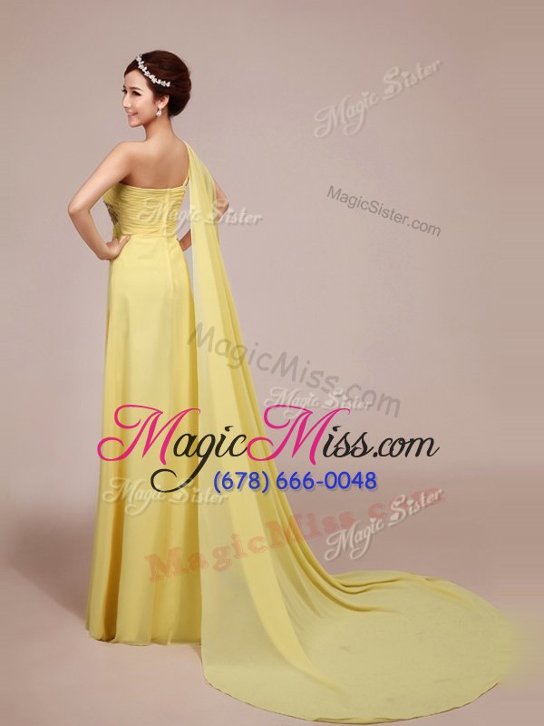 wholesale on sale one shoulder sleeveless chiffon with train sweep train zipper evening dress in light yellow for with appliques and ruching