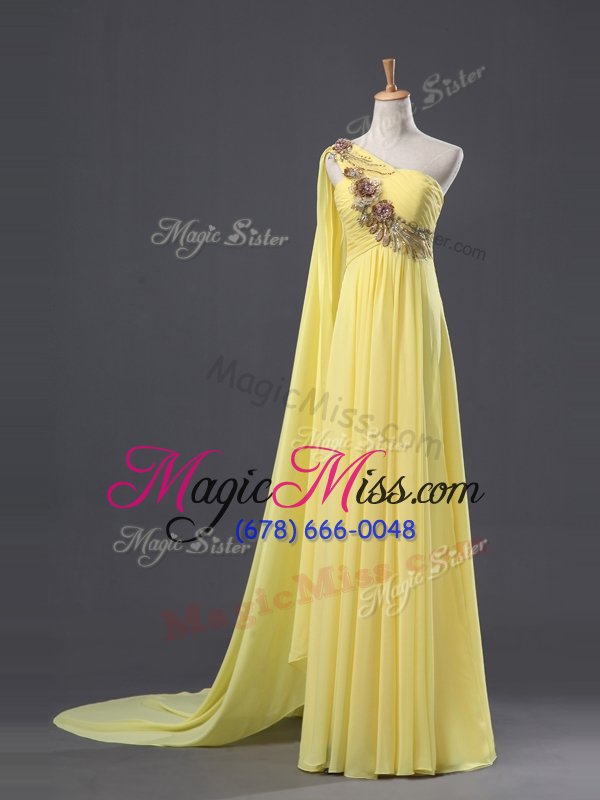 wholesale on sale one shoulder sleeveless chiffon with train sweep train zipper evening dress in light yellow for with appliques and ruching