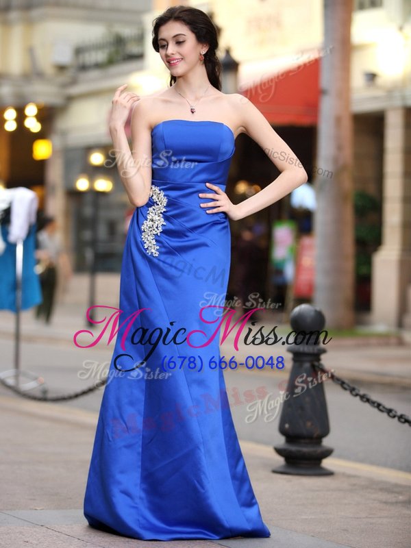 wholesale smart sleeveless floor length appliques and ruching zipper celebrity dress with blue