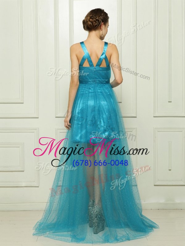 wholesale fabulous halter top turquoise sleeveless with train belt criss cross prom dresses