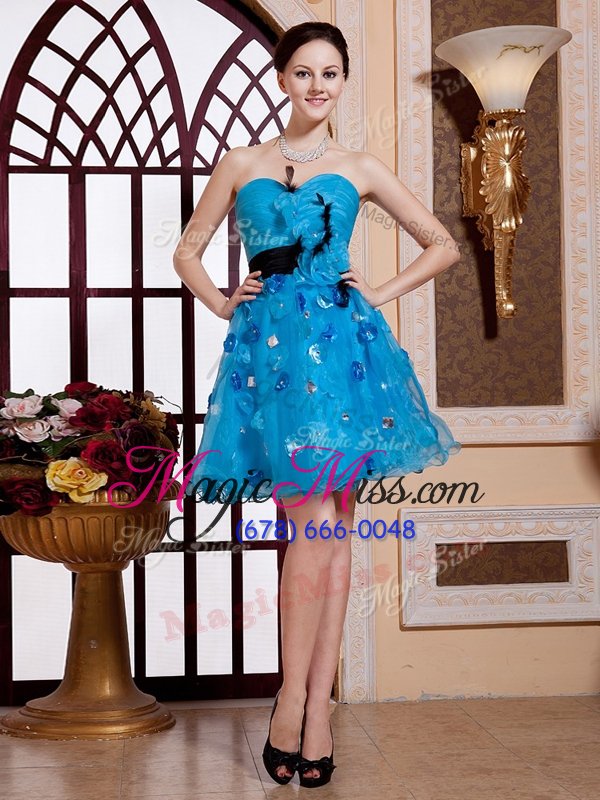 wholesale high quality aqua blue zipper sweetheart appliques and belt dress for prom organza sleeveless