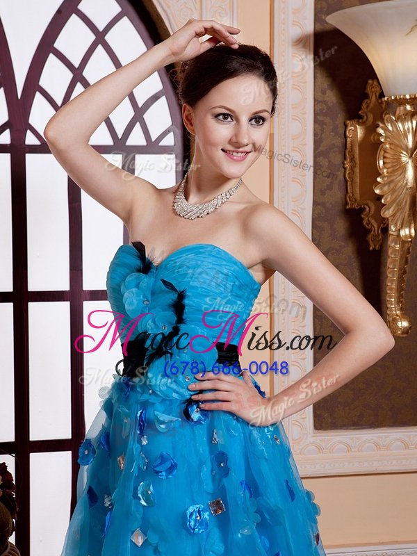 wholesale high quality aqua blue zipper sweetheart appliques and belt dress for prom organza sleeveless