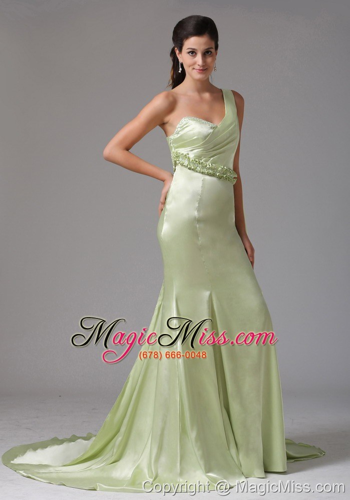 wholesale stylish yellow green one shoulder 2013 prom celebirty dress with appliques watteau train in groton connecticut