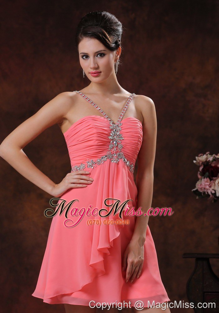 wholesale v-neck zipper-up watermelon short prom dress with beaded decorate in marana arizona