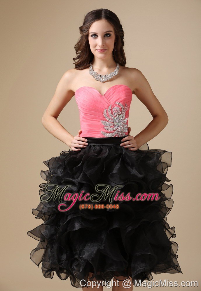 wholesale custom made watermelon red and black evening dress column sweetheart organza beading tea-length