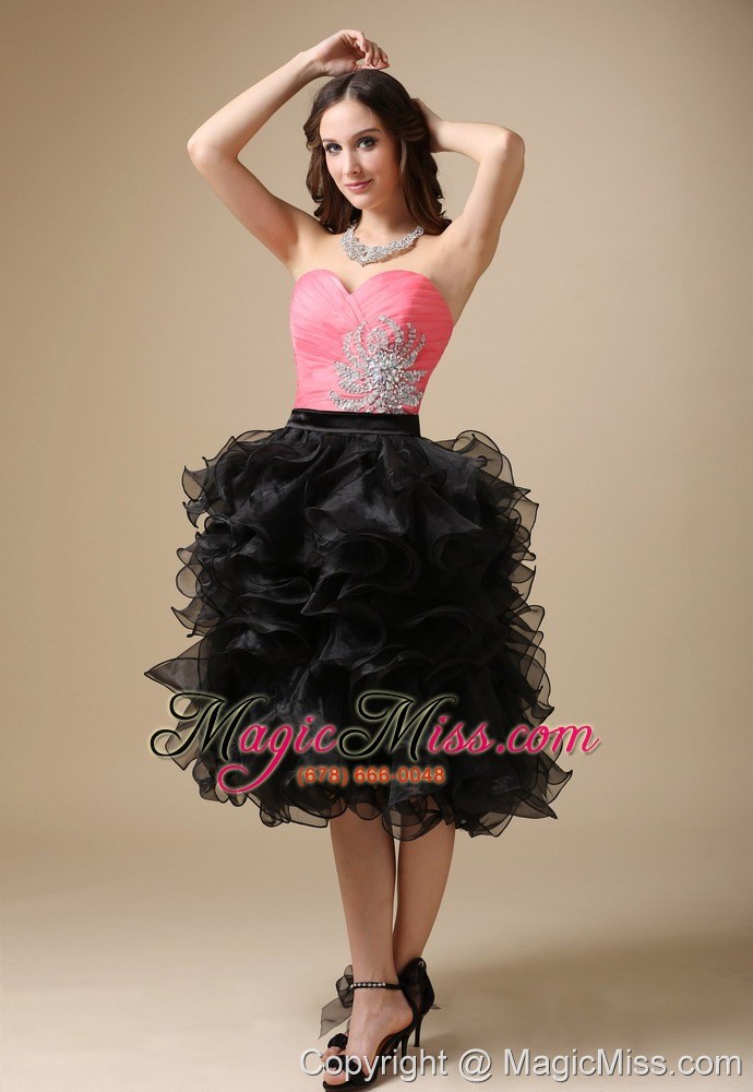 wholesale custom made watermelon red and black evening dress column sweetheart organza beading tea-length