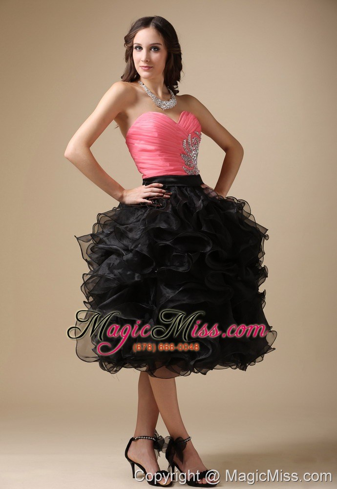 wholesale custom made watermelon red and black evening dress column sweetheart organza beading tea-length