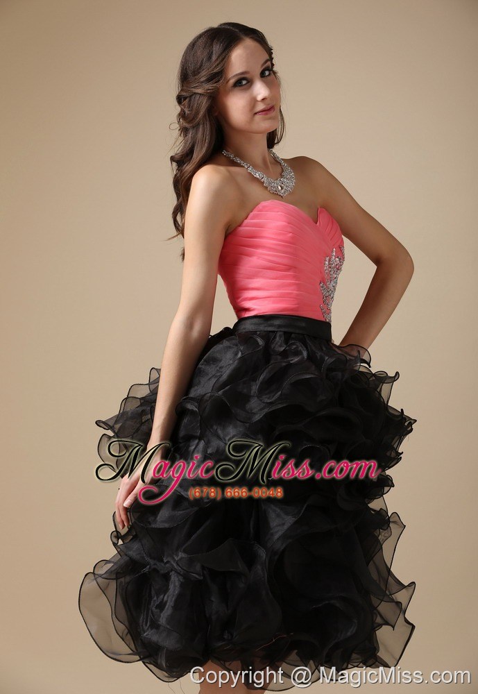 wholesale custom made watermelon red and black evening dress column sweetheart organza beading tea-length