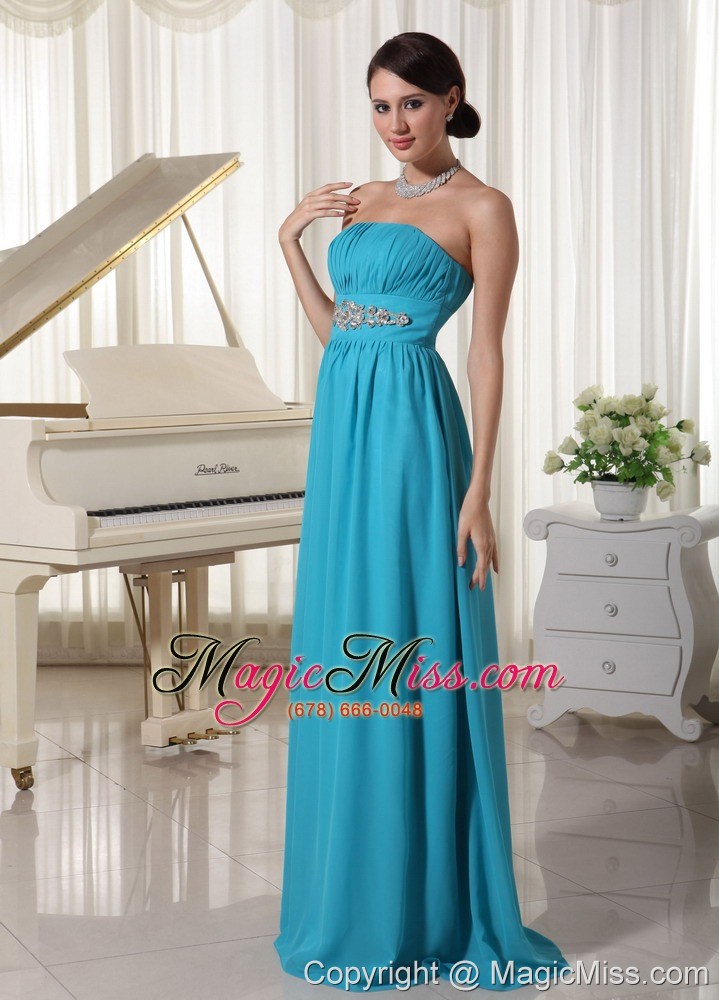 wholesale beaded decorate waist ruched teal chiffon prom dress with brush train