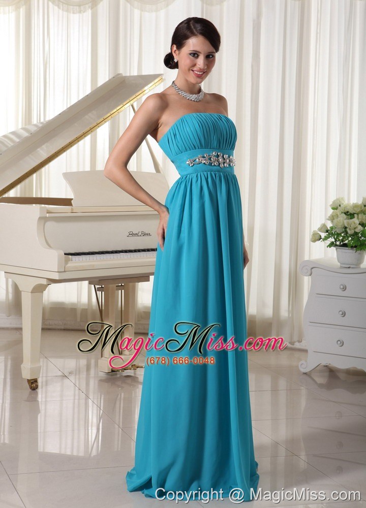 wholesale beaded decorate waist ruched teal chiffon prom dress with brush train