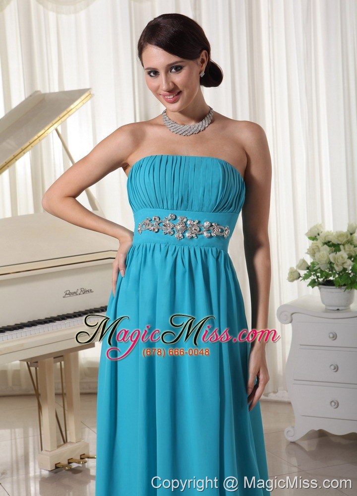 wholesale beaded decorate waist ruched teal chiffon prom dress with brush train