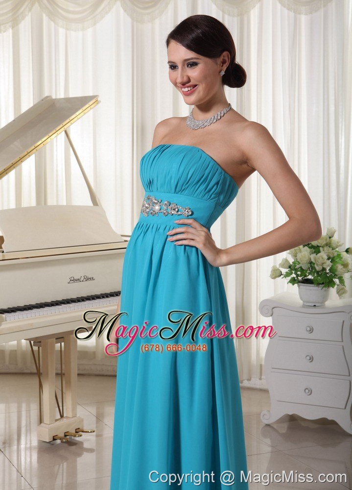 wholesale beaded decorate waist ruched teal chiffon prom dress with brush train