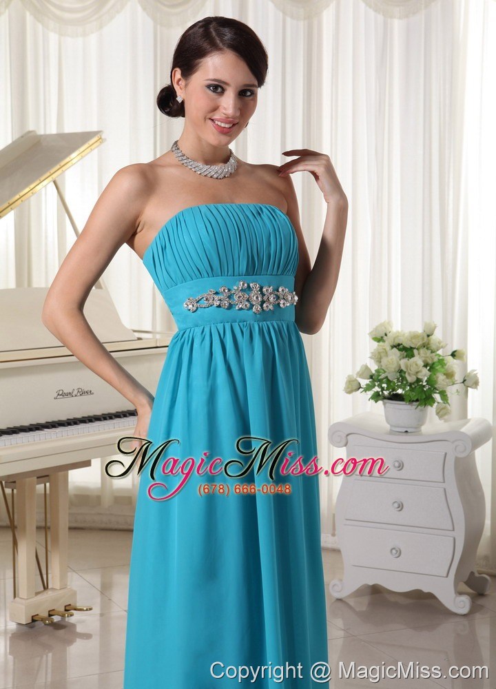 wholesale beaded decorate waist ruched teal chiffon prom dress with brush train