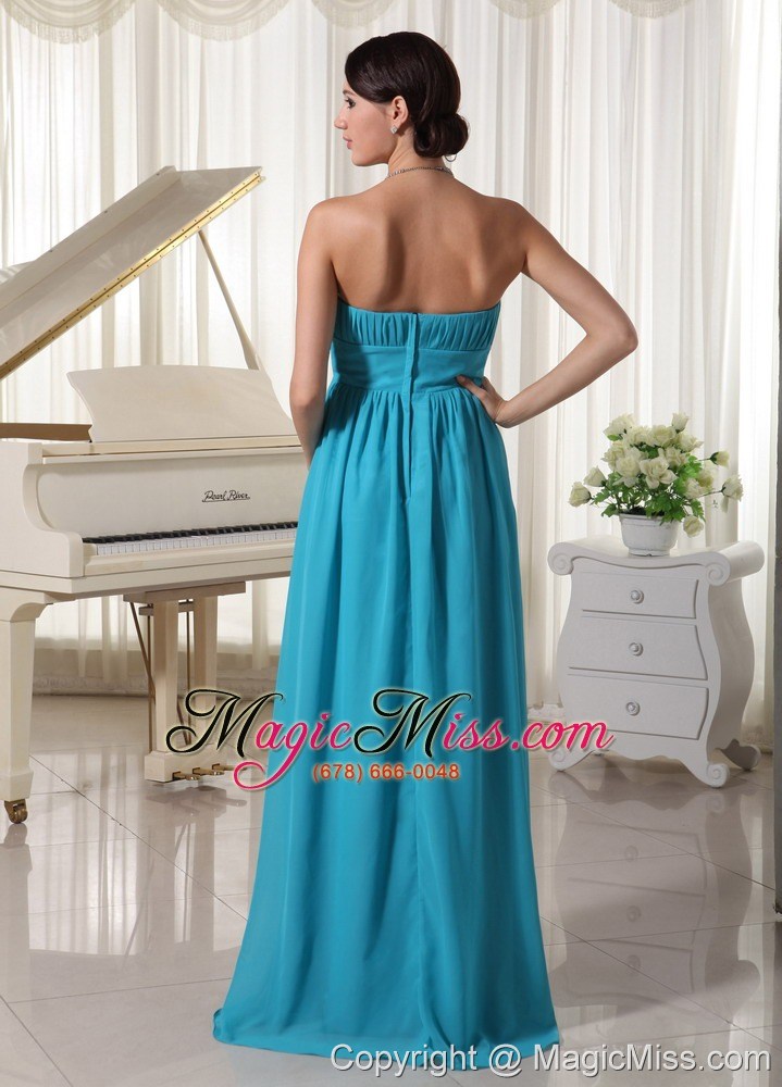 wholesale beaded decorate waist ruched teal chiffon prom dress with brush train